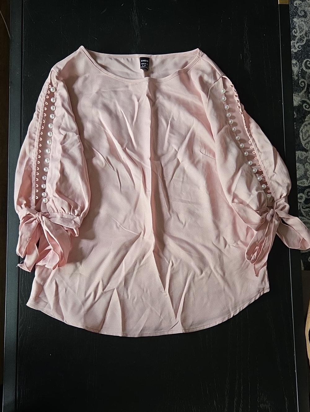 SHEIN Light Pink Pearl-Trim Tie Sleeve Blouse